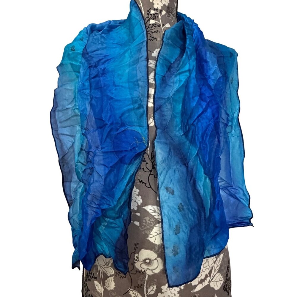 VTG Handprinted Batik Butterflies Silk Rectangular Scarf Metallic Gold Swirls